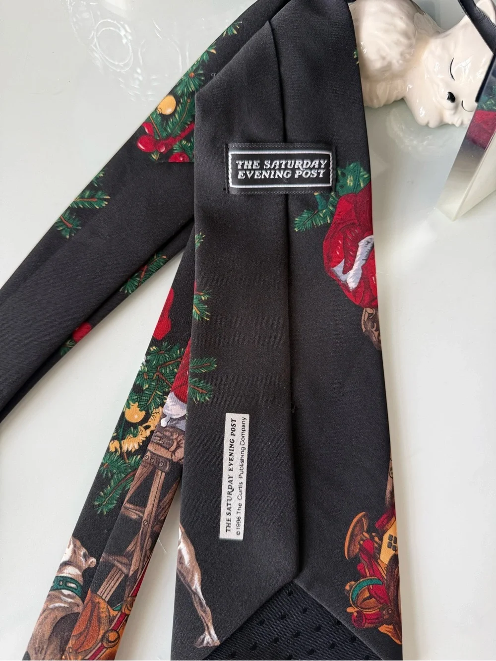 Men's Black Holiday Print Tie - Festive Santa & Dog Design